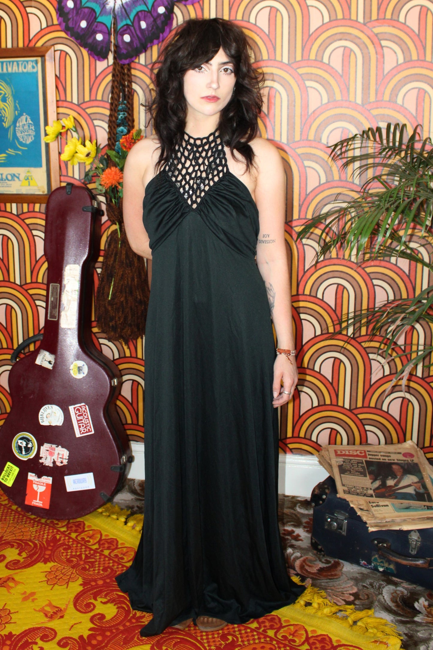 Vintage 70s Black Crochet Halter Maxi Dress