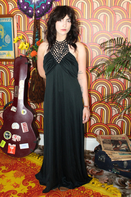 Vintage 70s Black Crochet Halter Maxi Dress