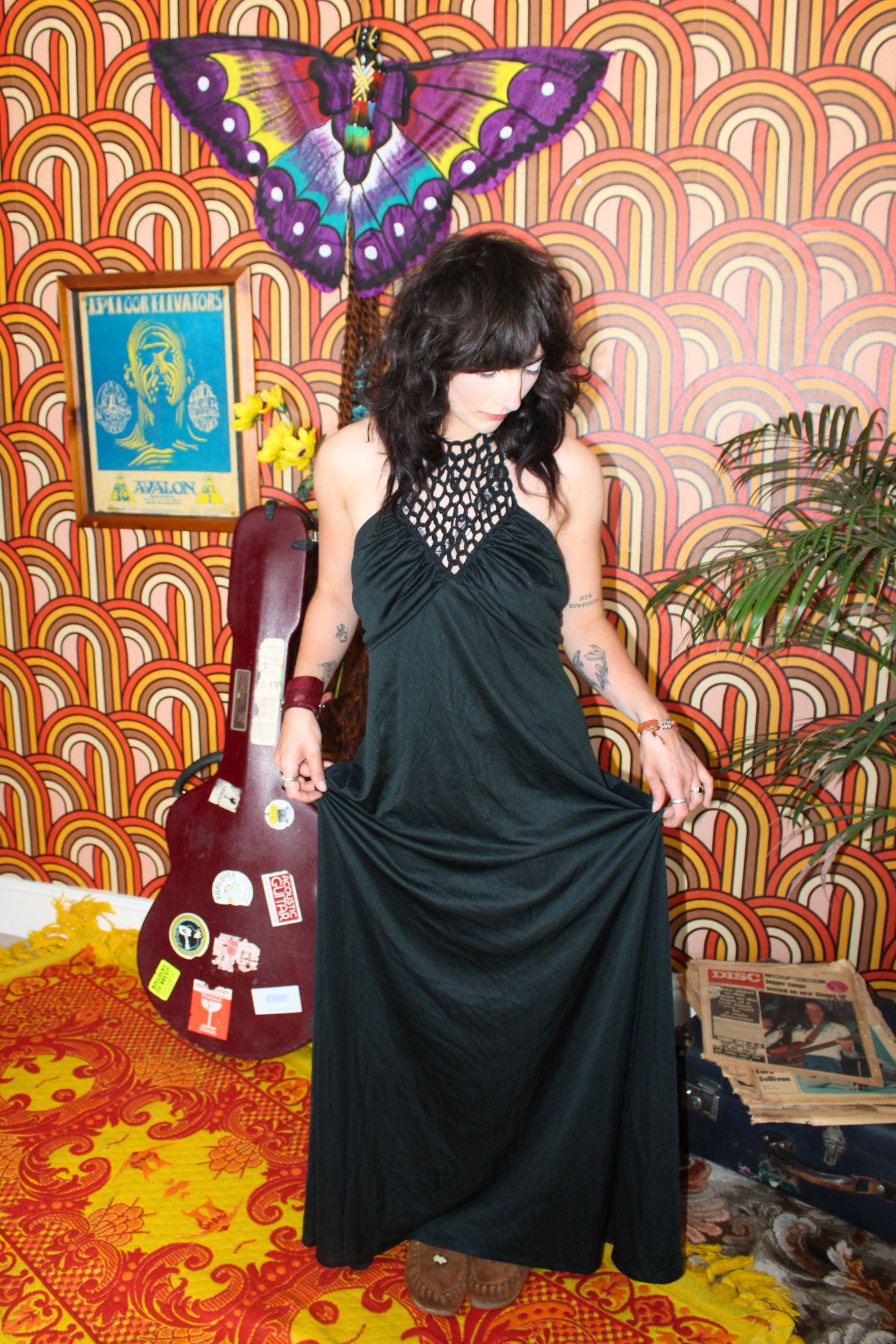 Vintage 70s Black Crochet Halter Maxi Dress