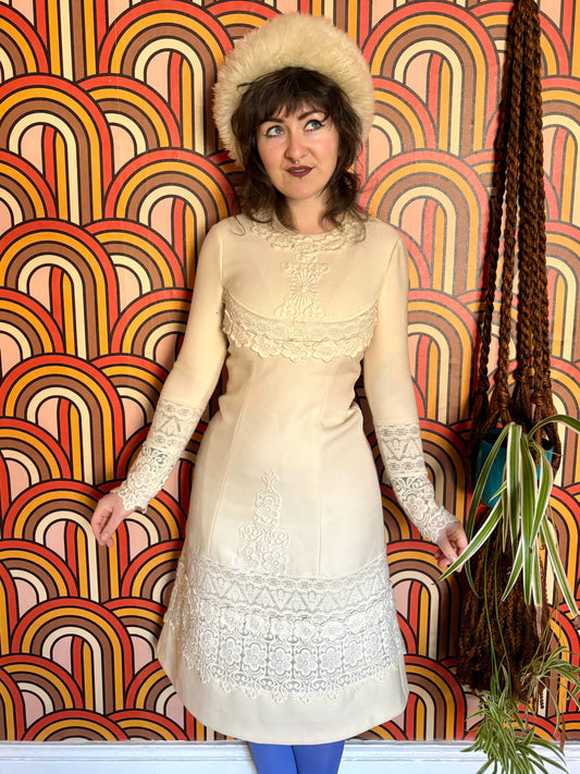 Vintage 60s Cream Wool Lace Dress