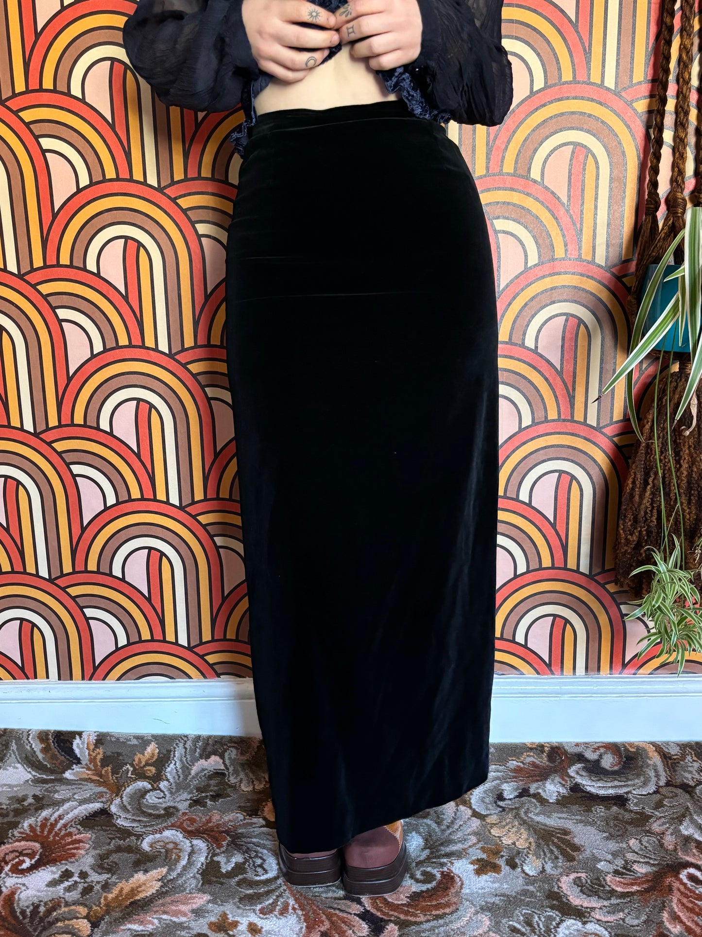 Vintage 70s Black Velvet Maxi Skirt