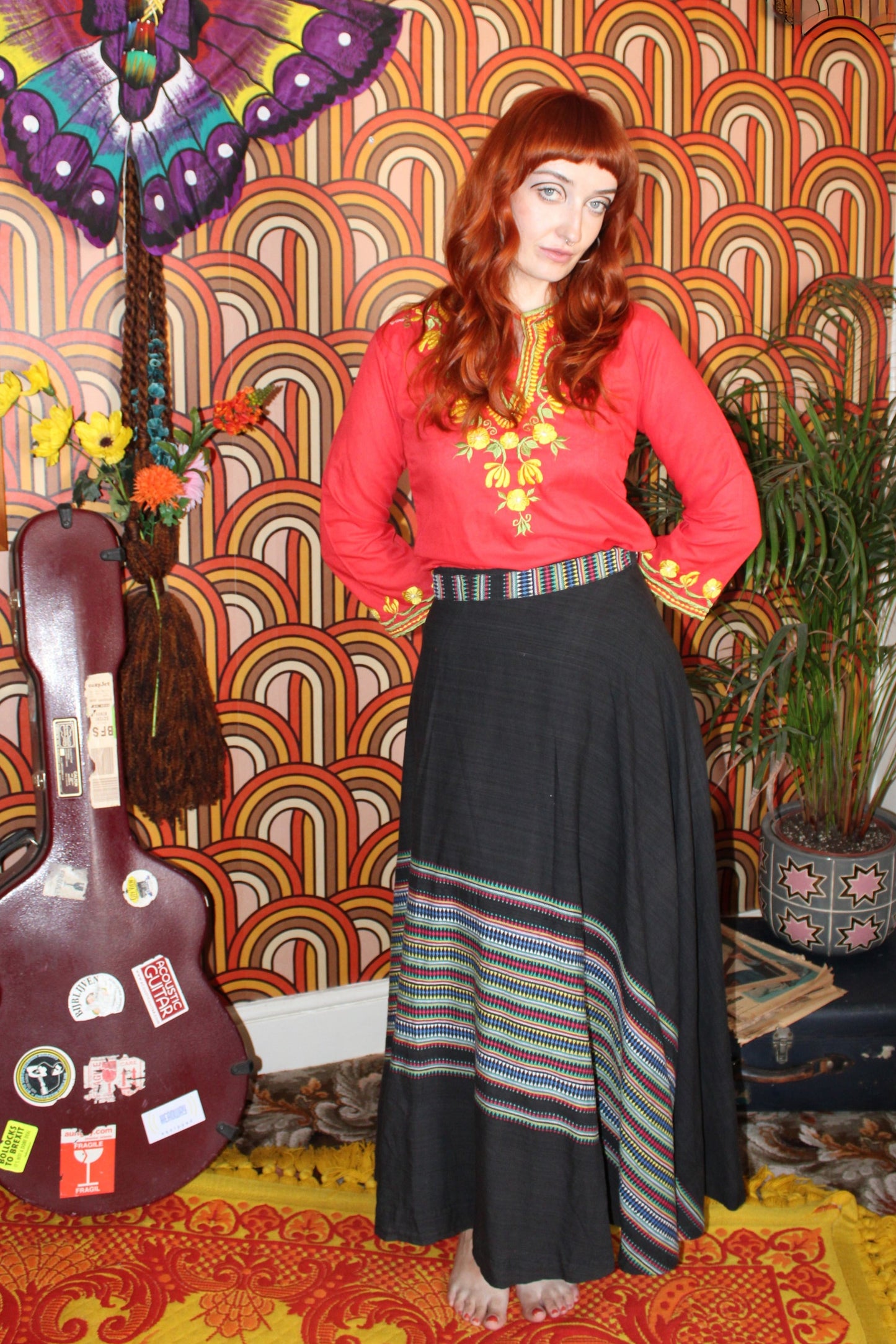 Vintage 70s Black Embroidered Wrap Maxi Skirt