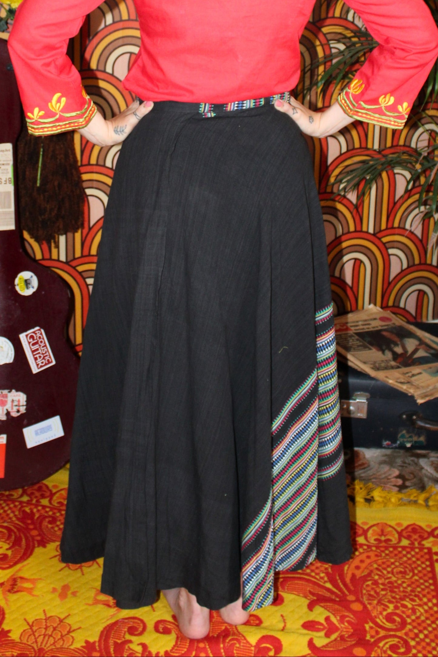 Vintage 70s Black Embroidered Wrap Maxi Skirt