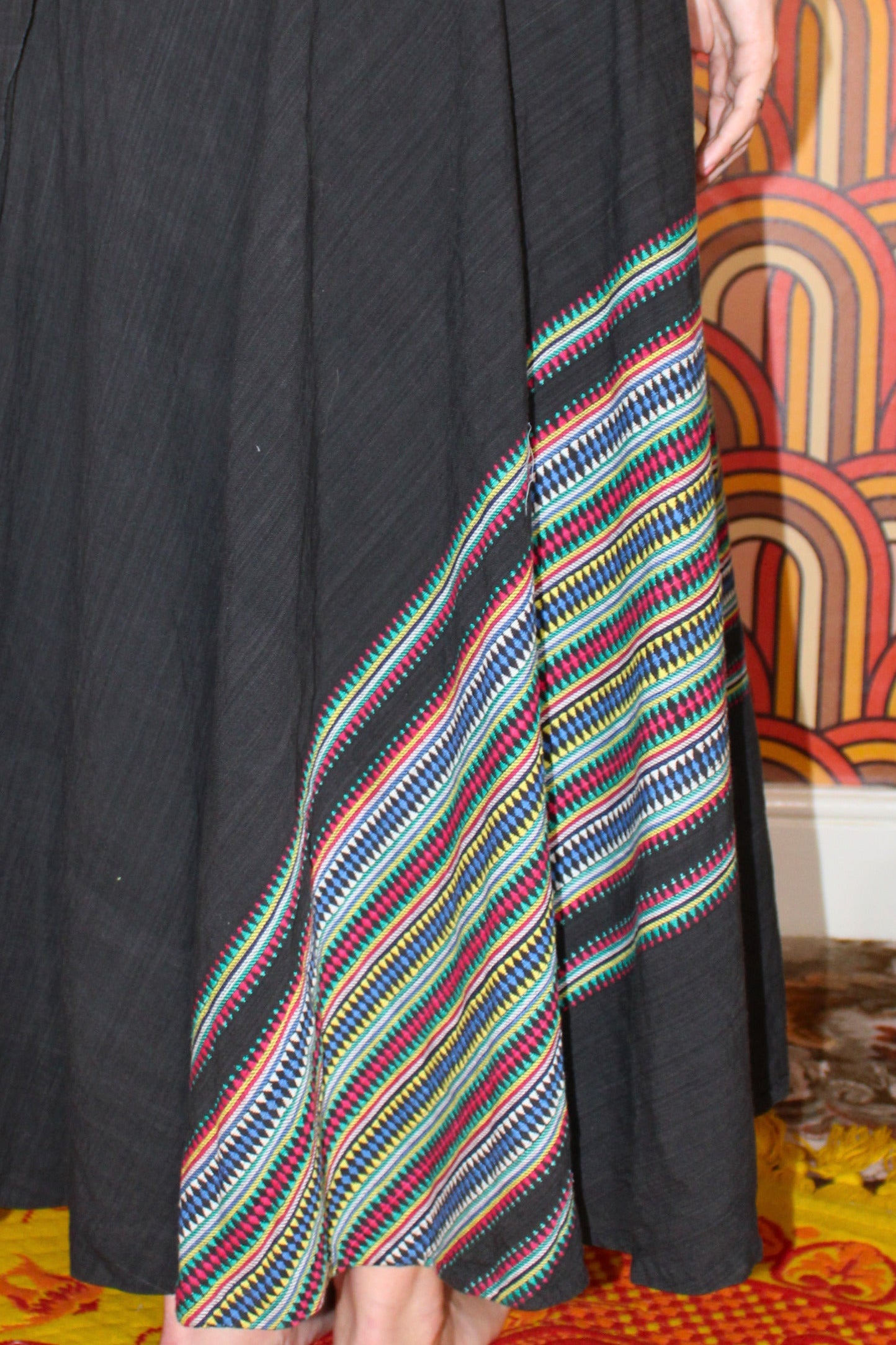 Vintage 70s Black Embroidered Wrap Maxi Skirt