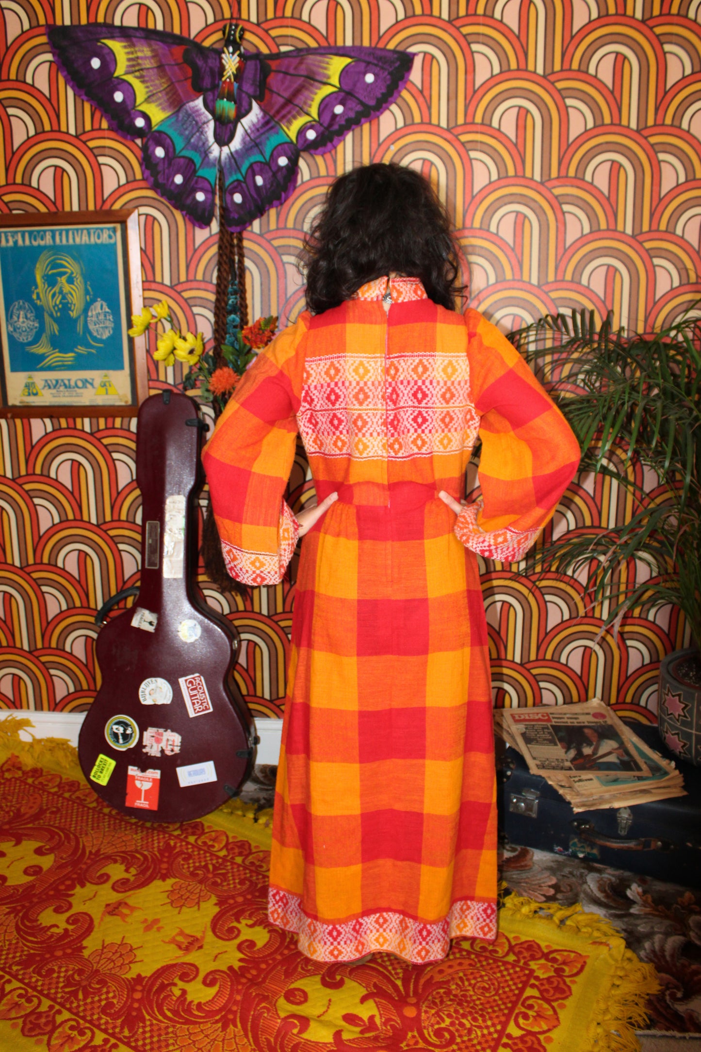 Vintage 70s Rare Orange Woven Embroidered Maxi Dress