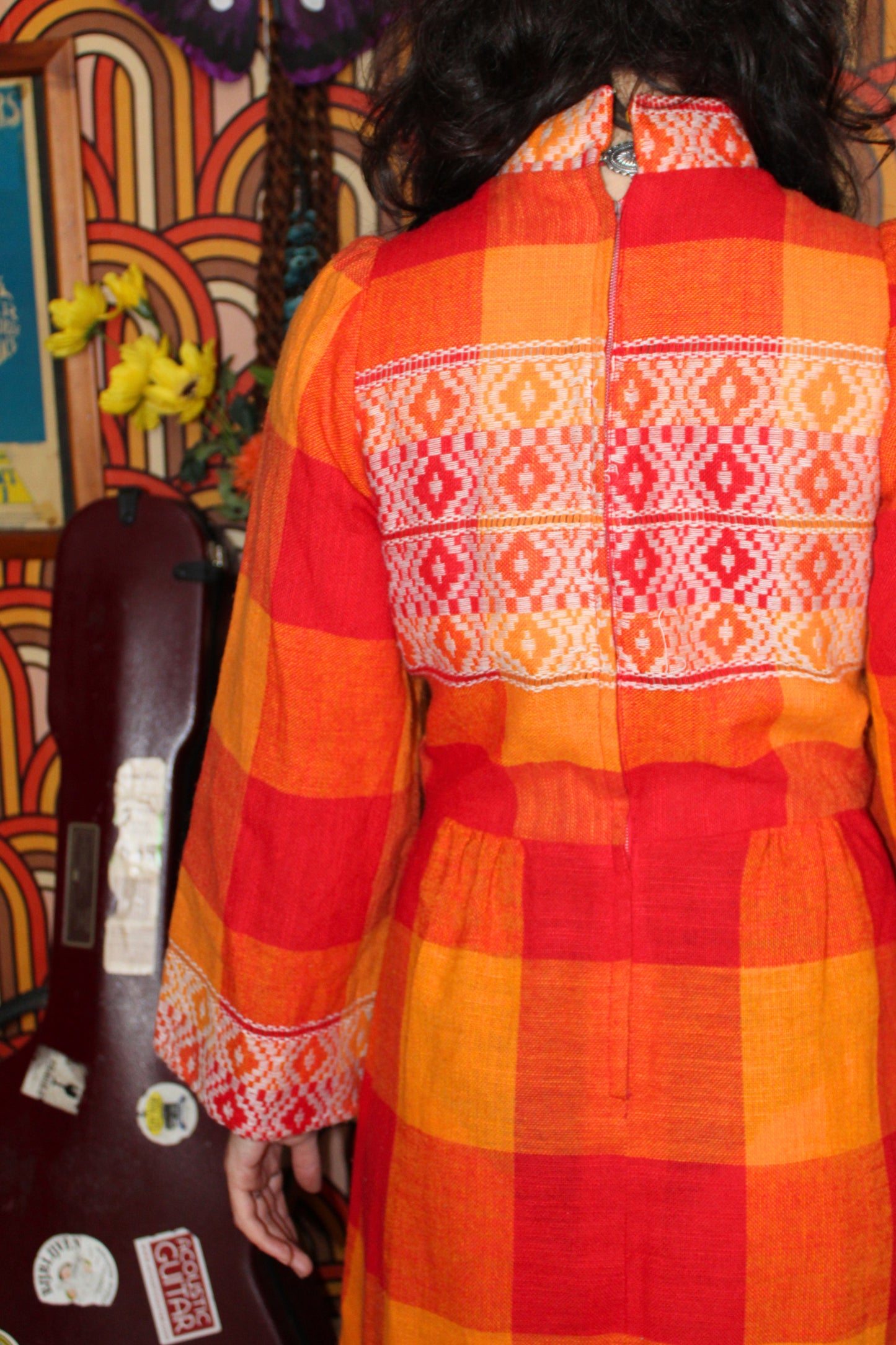 Vintage 70s Rare Orange Woven Embroidered Maxi Dress
