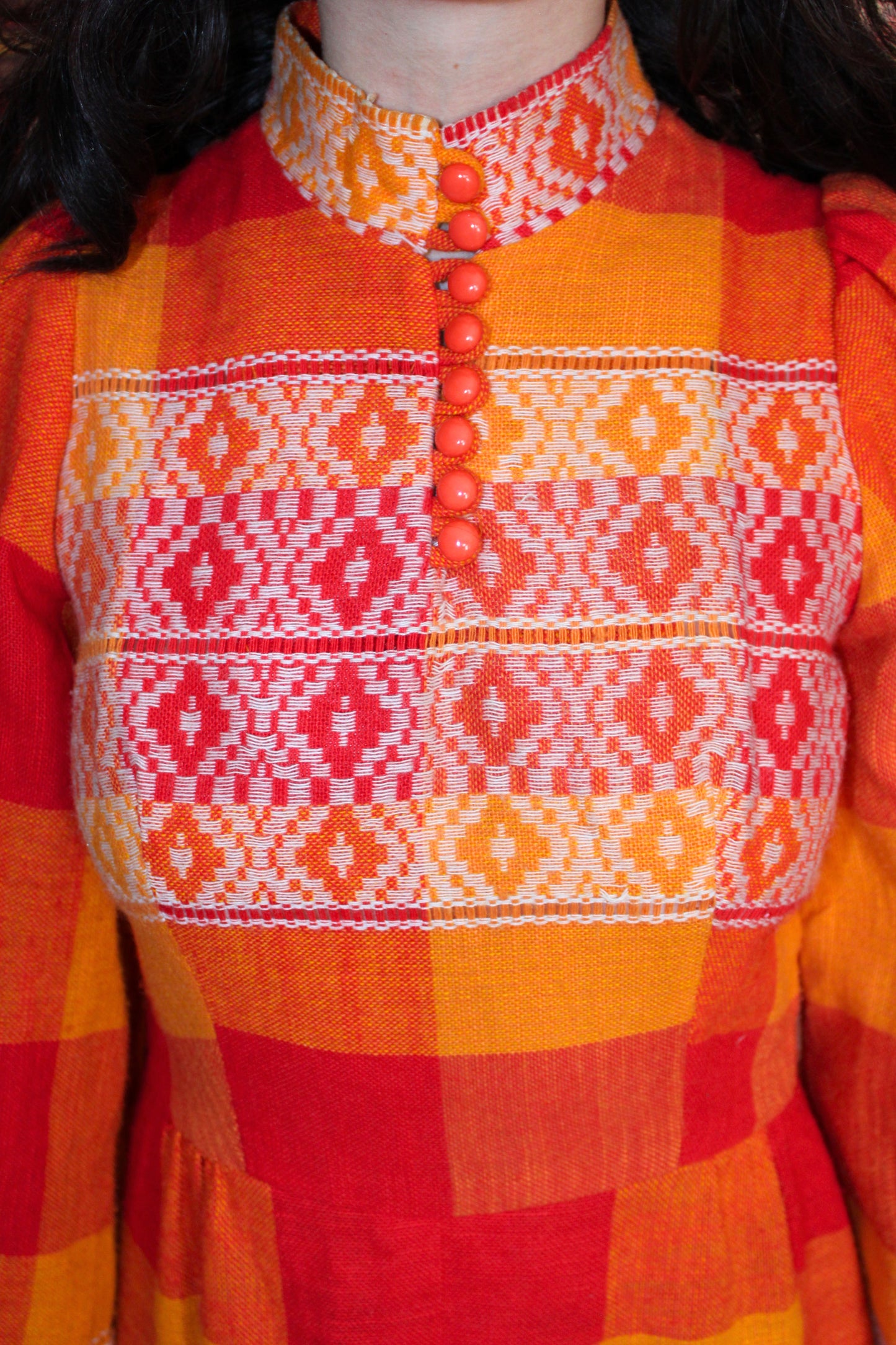 Vintage 70s Rare Orange Woven Embroidered Maxi Dress