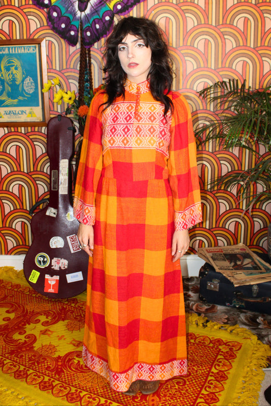 Vintage 70s Rare Orange Woven Embroidered Maxi Dress
