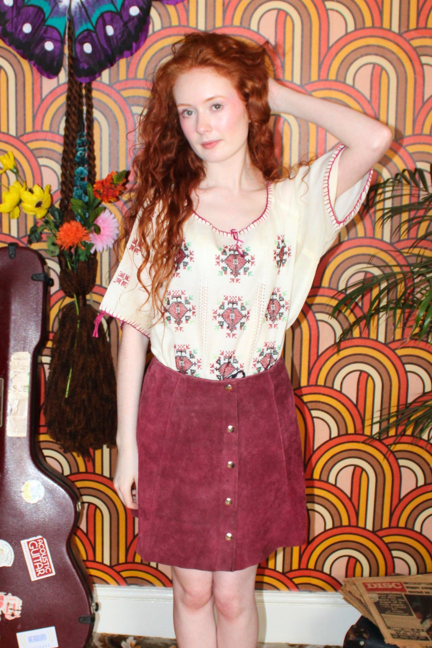 Vintage 70s Maroon Brown Suede Mini Skirt
