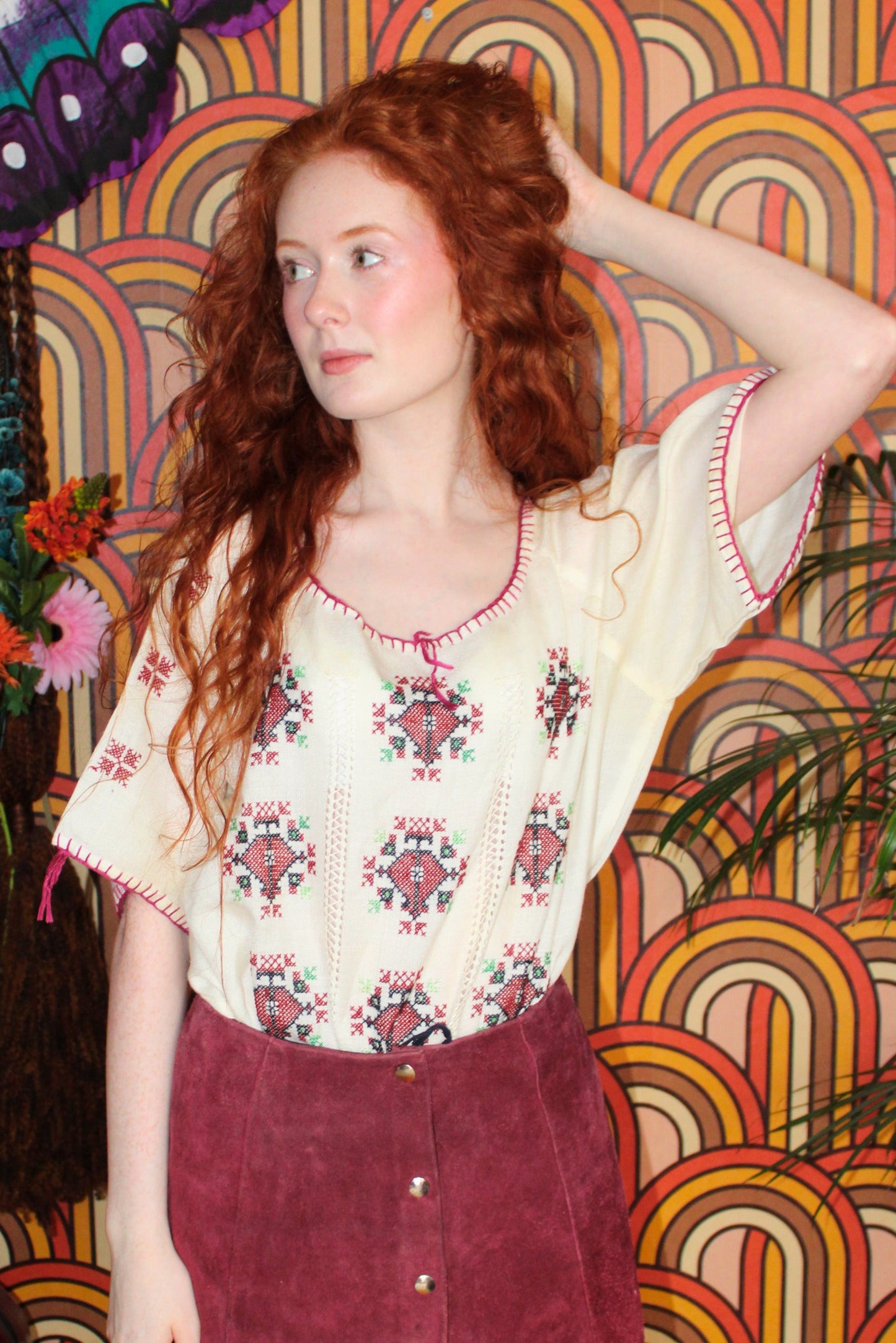 Vintage 70s Cream Embroidered Top