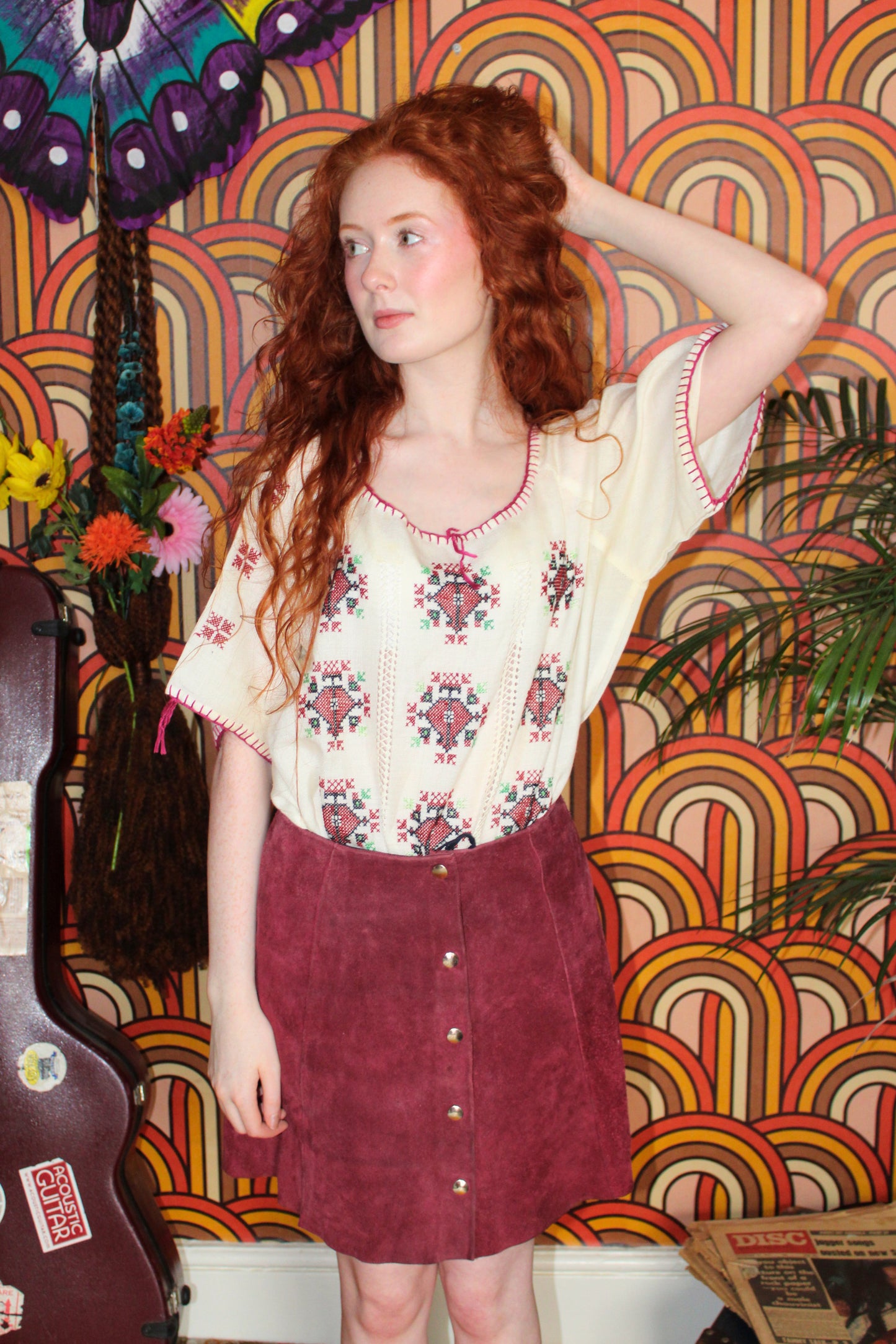 Vintage 70s Maroon Brown Suede Mini Skirt
