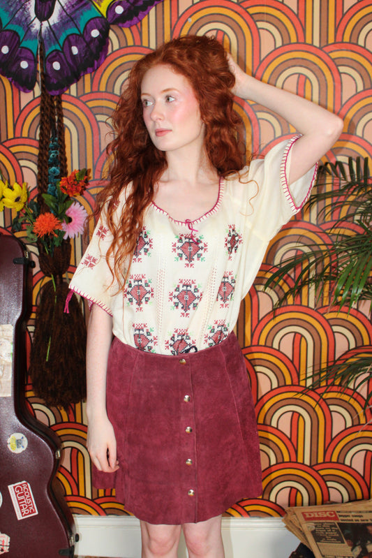 Vintage 70s Maroon Brown Suede Mini Skirt
