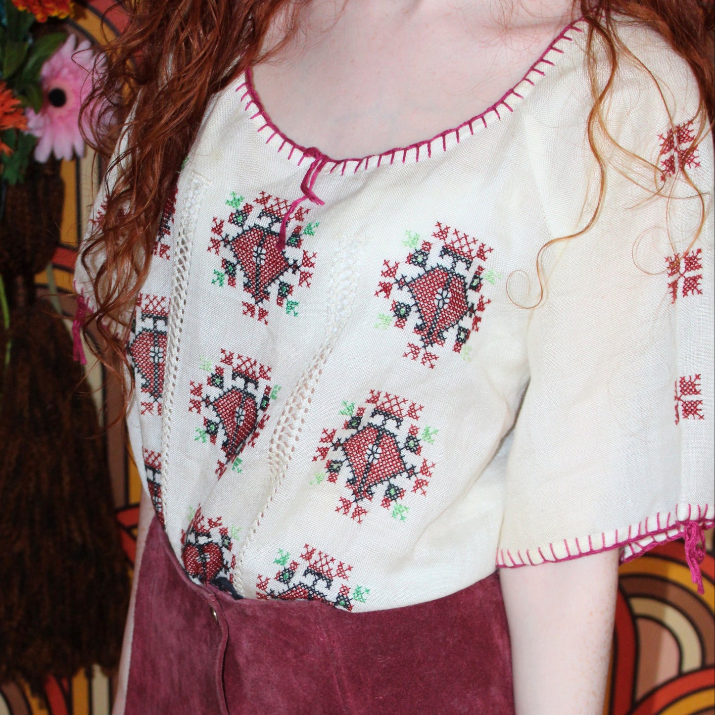 Vintage 70s Cream Embroidered Top