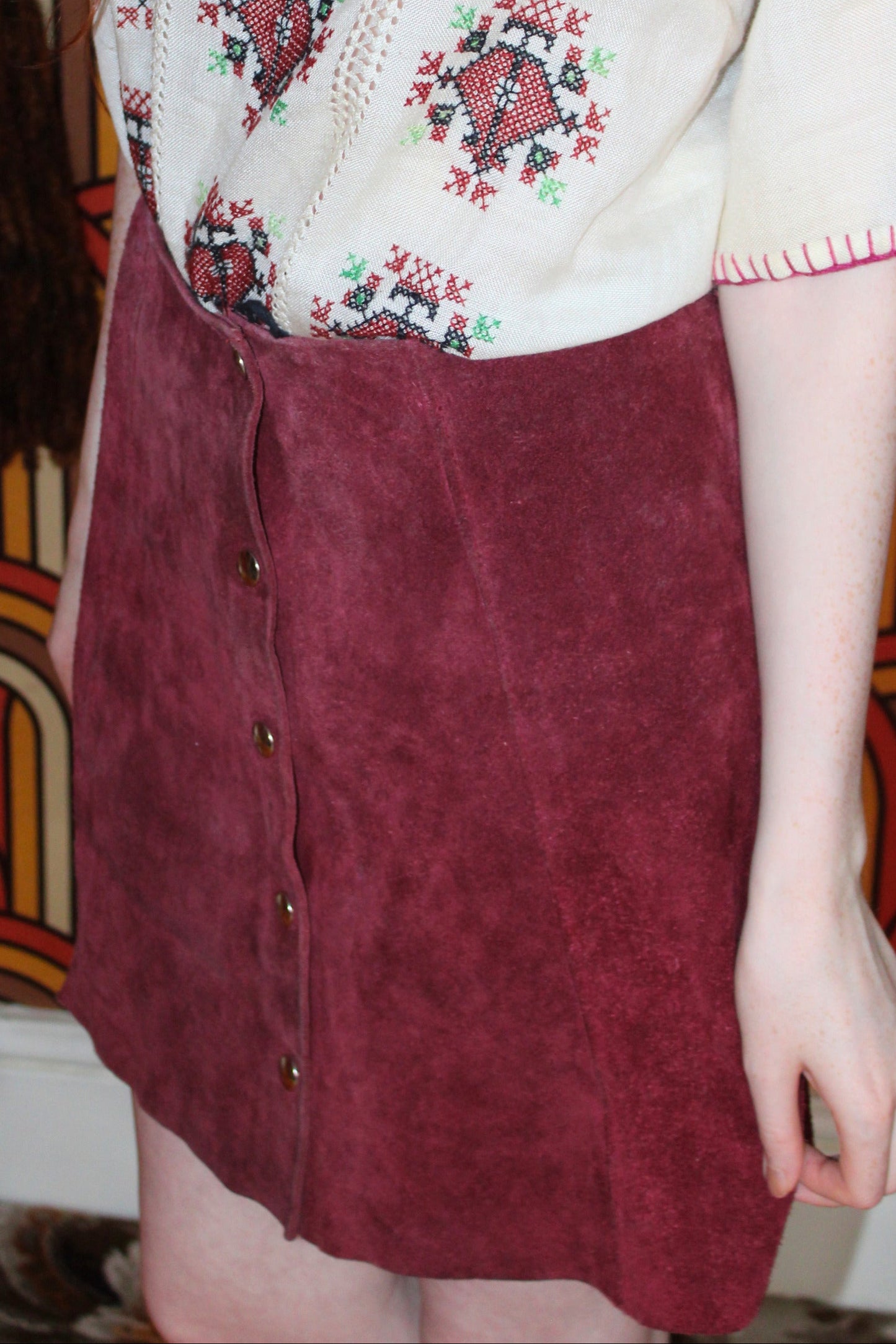 Vintage 70s Maroon Brown Suede Mini Skirt