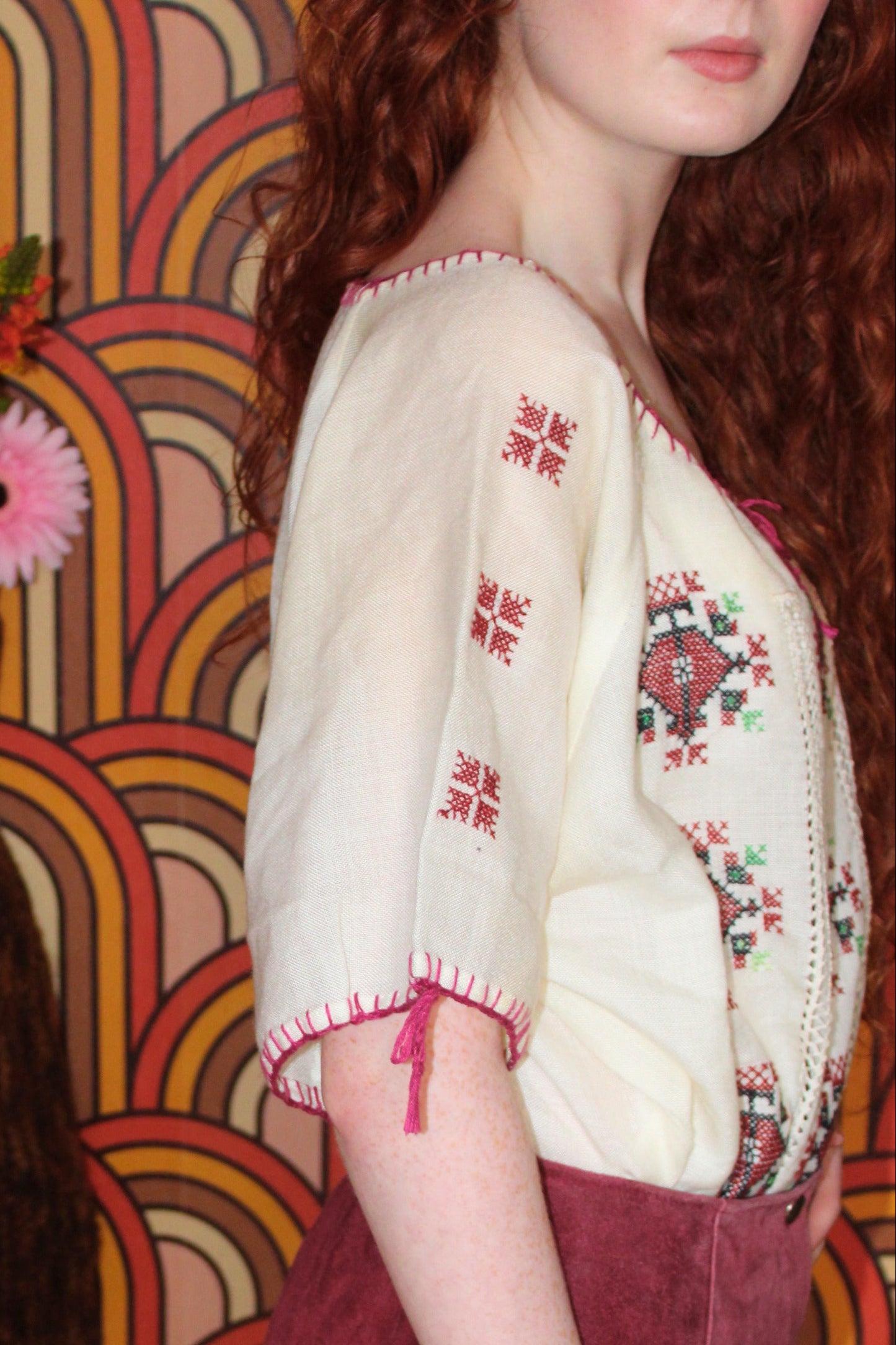 Vintage 70s Cream Embroidered Top