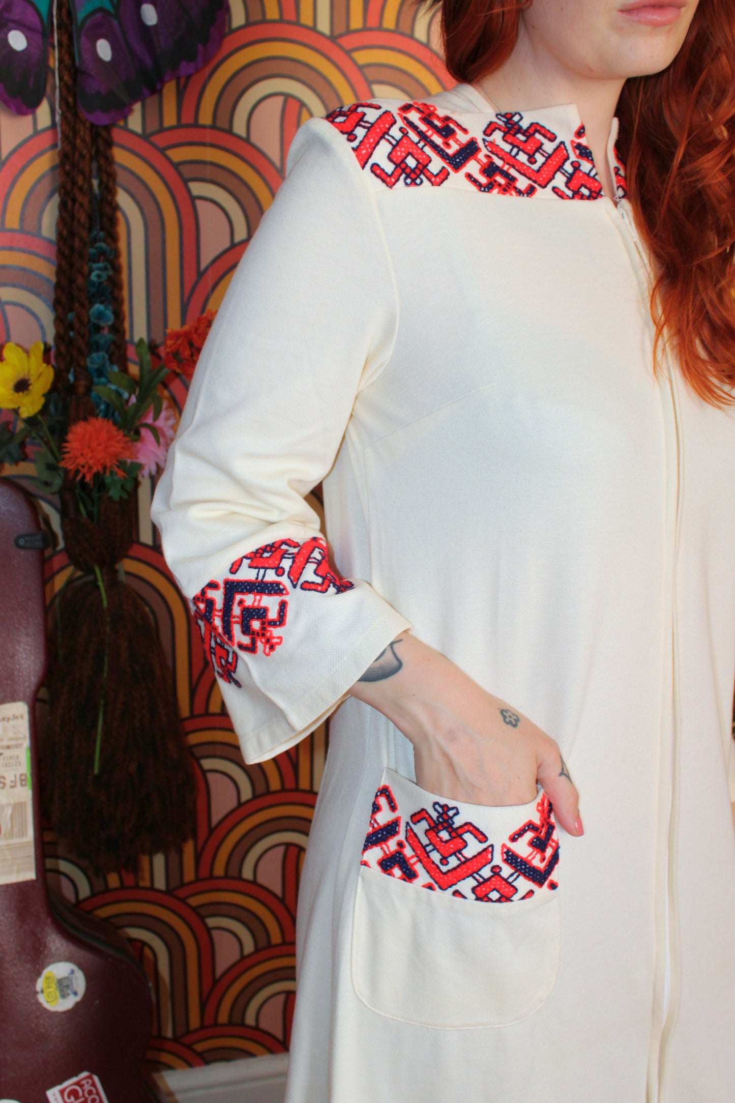Vintage 70s Cream Embroidered Bell Sleeve Maxi Dress