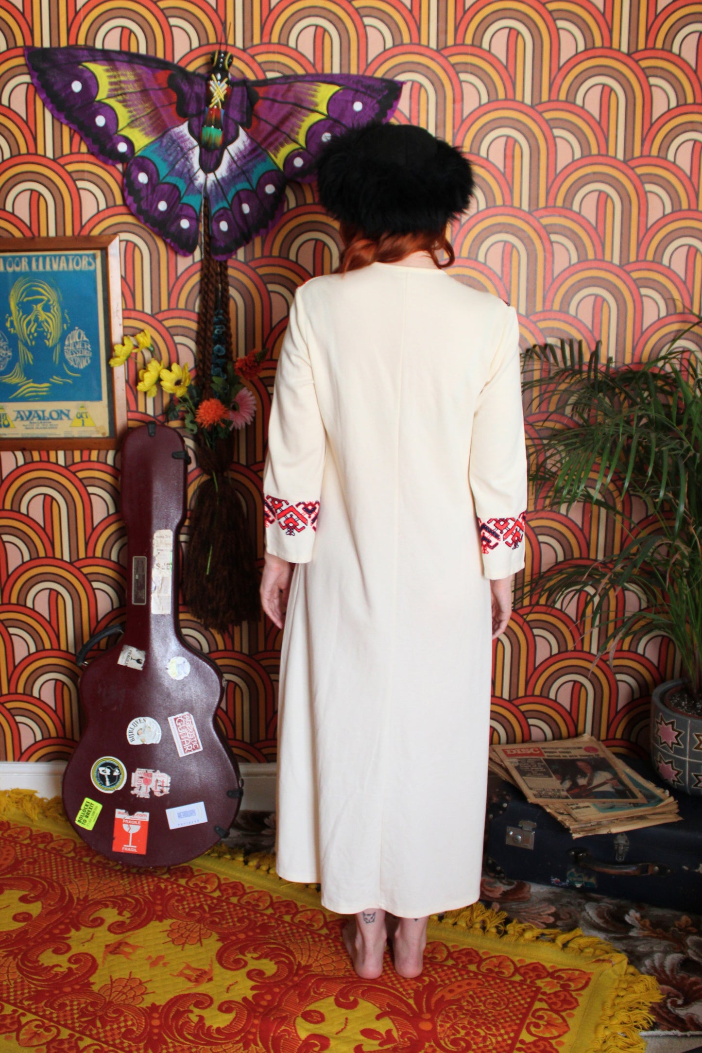Vintage 70s Cream Embroidered Bell Sleeve Maxi Dress