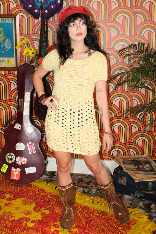 Vintage 70s Butter Yellow Crochet Dress