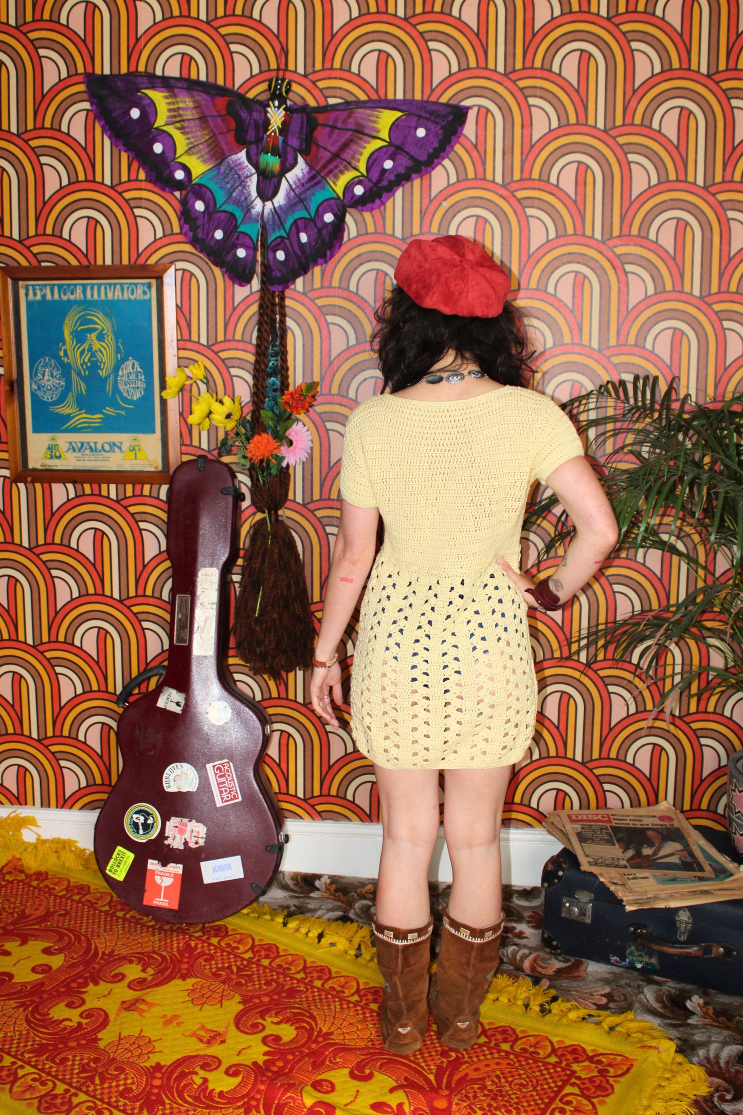Vintage 70s Butter Yellow Crochet Dress