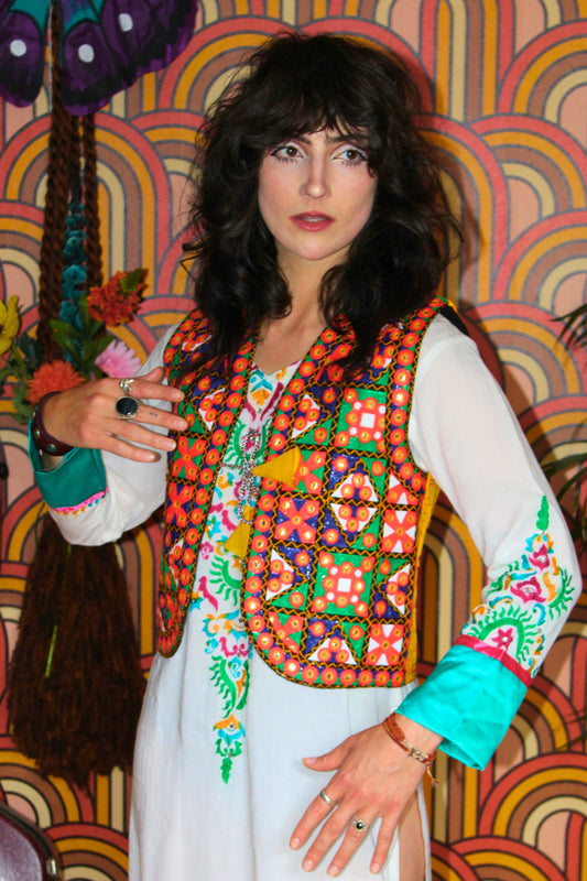 Vintage Colourful Embroidered Indian Folk Waistcoat