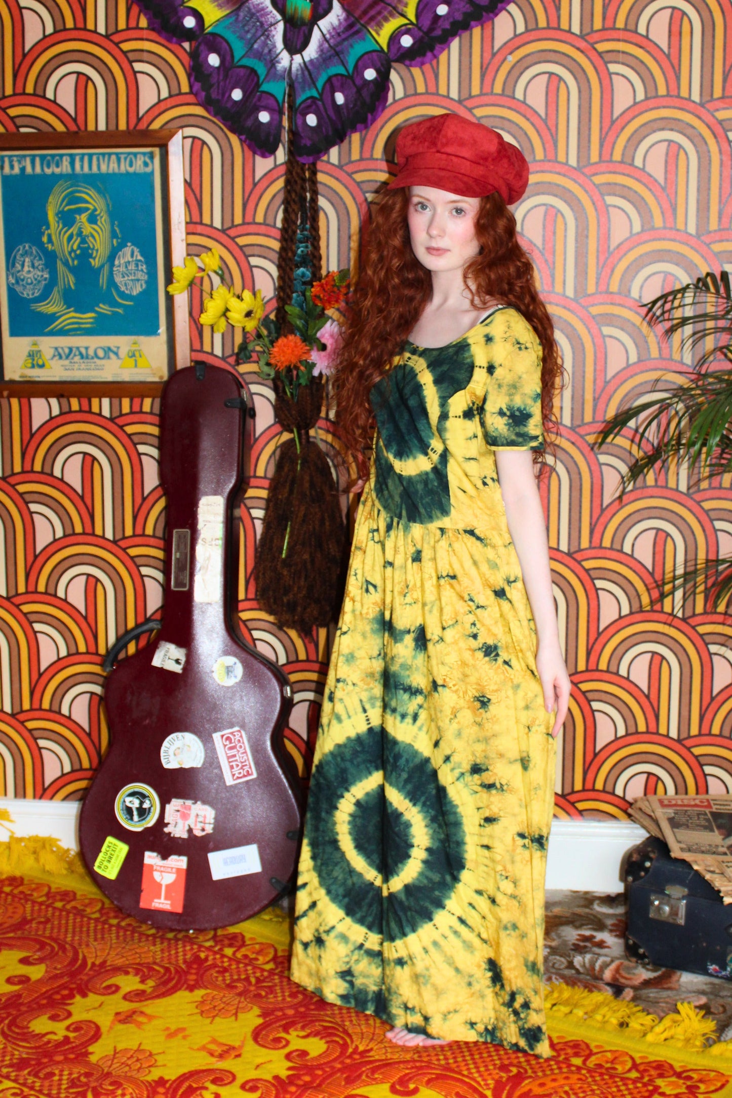 Vintage 70s Green and Yellow Tie Dye Maxi Dress