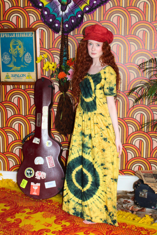 Vintage 70s Green and Yellow Tie Dye Maxi Dress