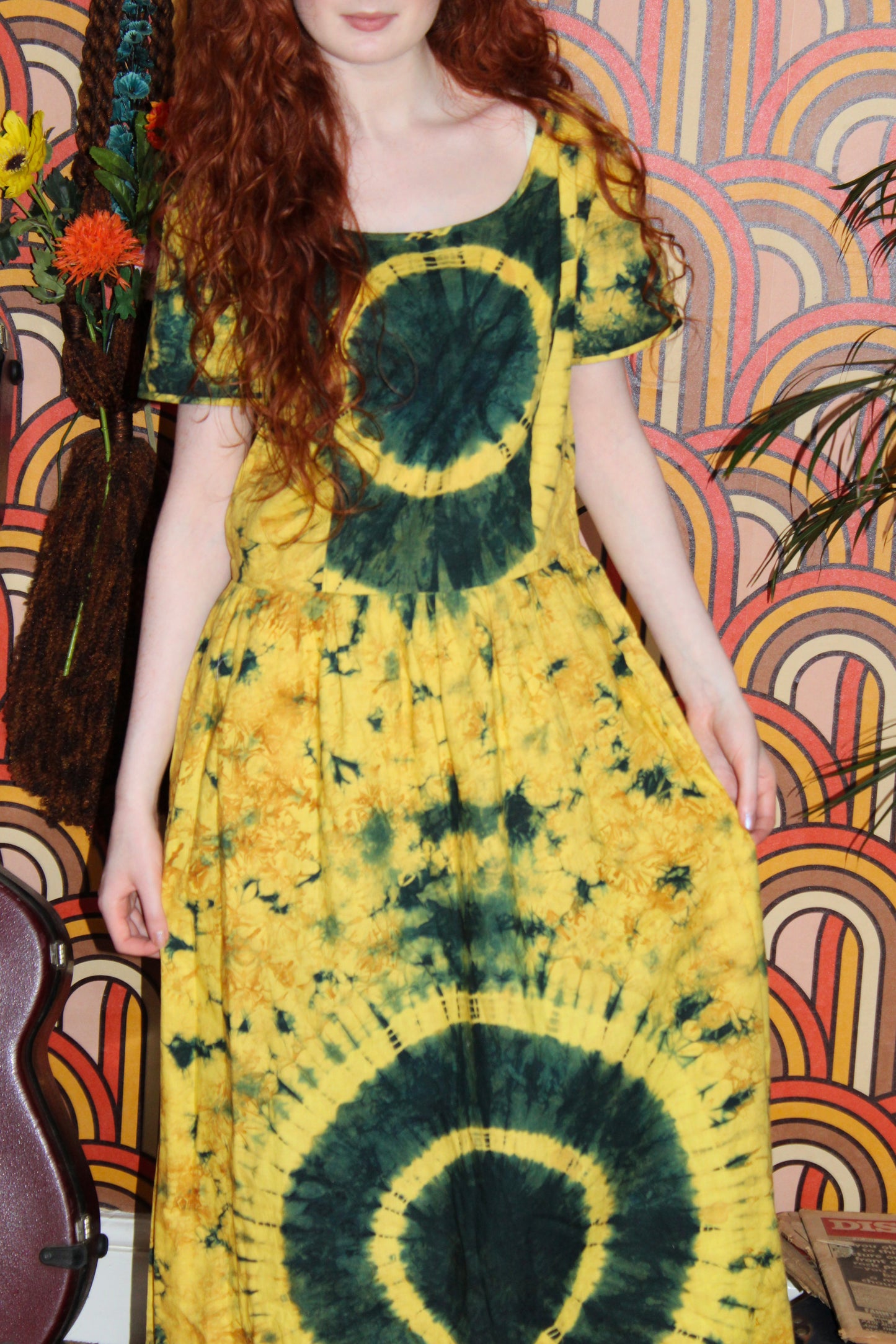 Vintage 70s Green and Yellow Tie Dye Maxi Dress