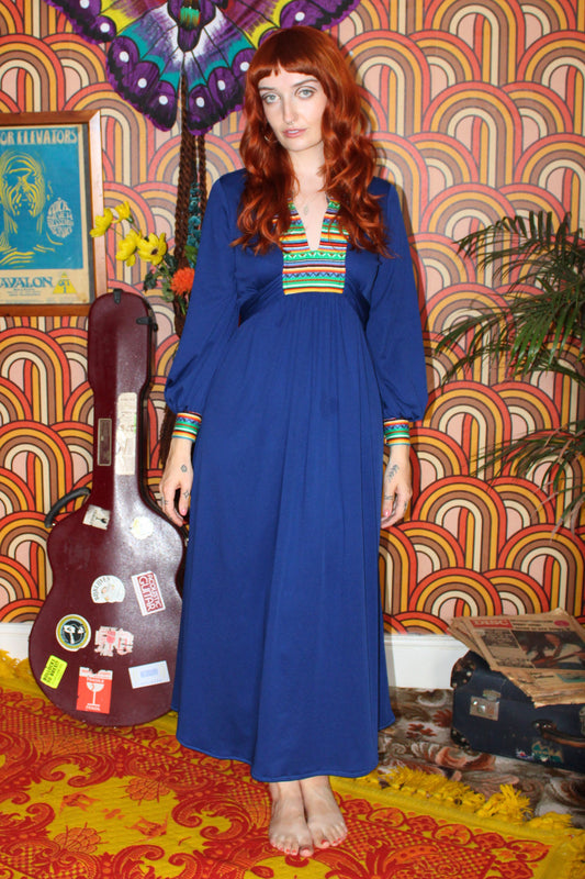 Vintage 70s Blue Colourful Maxi Dress