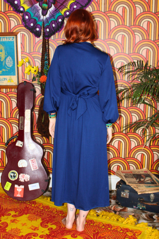 Vintage 70s Blue Colourful Maxi Dress