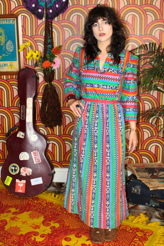 Vintage 70s Colourful Aztec Print Bell Sleeve Maxi Dress