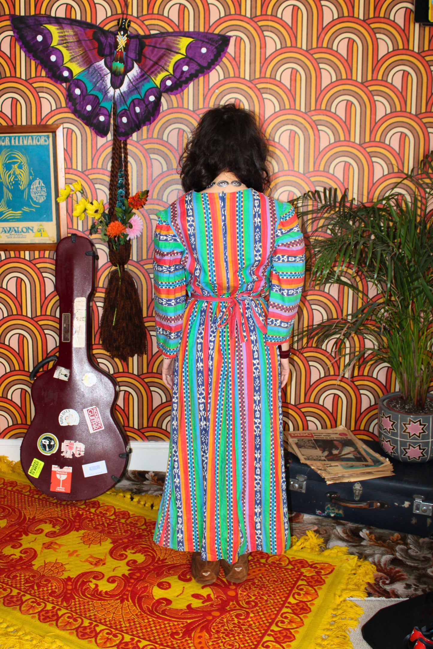 Vintage 70s Colourful Aztec Print Bell Sleeve Maxi Dress