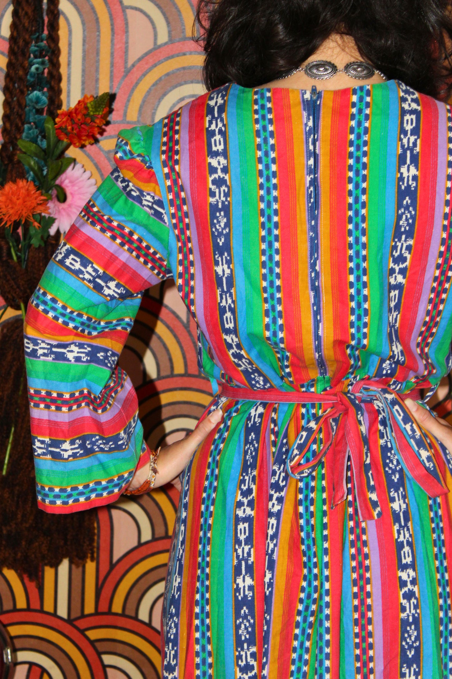 Vintage 70s Colourful Aztec Print Bell Sleeve Maxi Dress