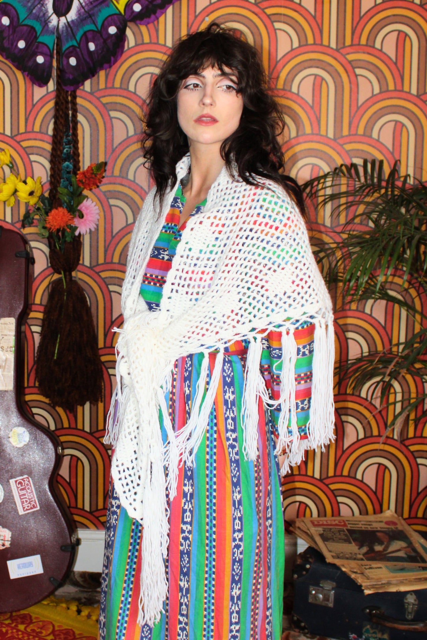 Vintage 70s White Crochet Shawl