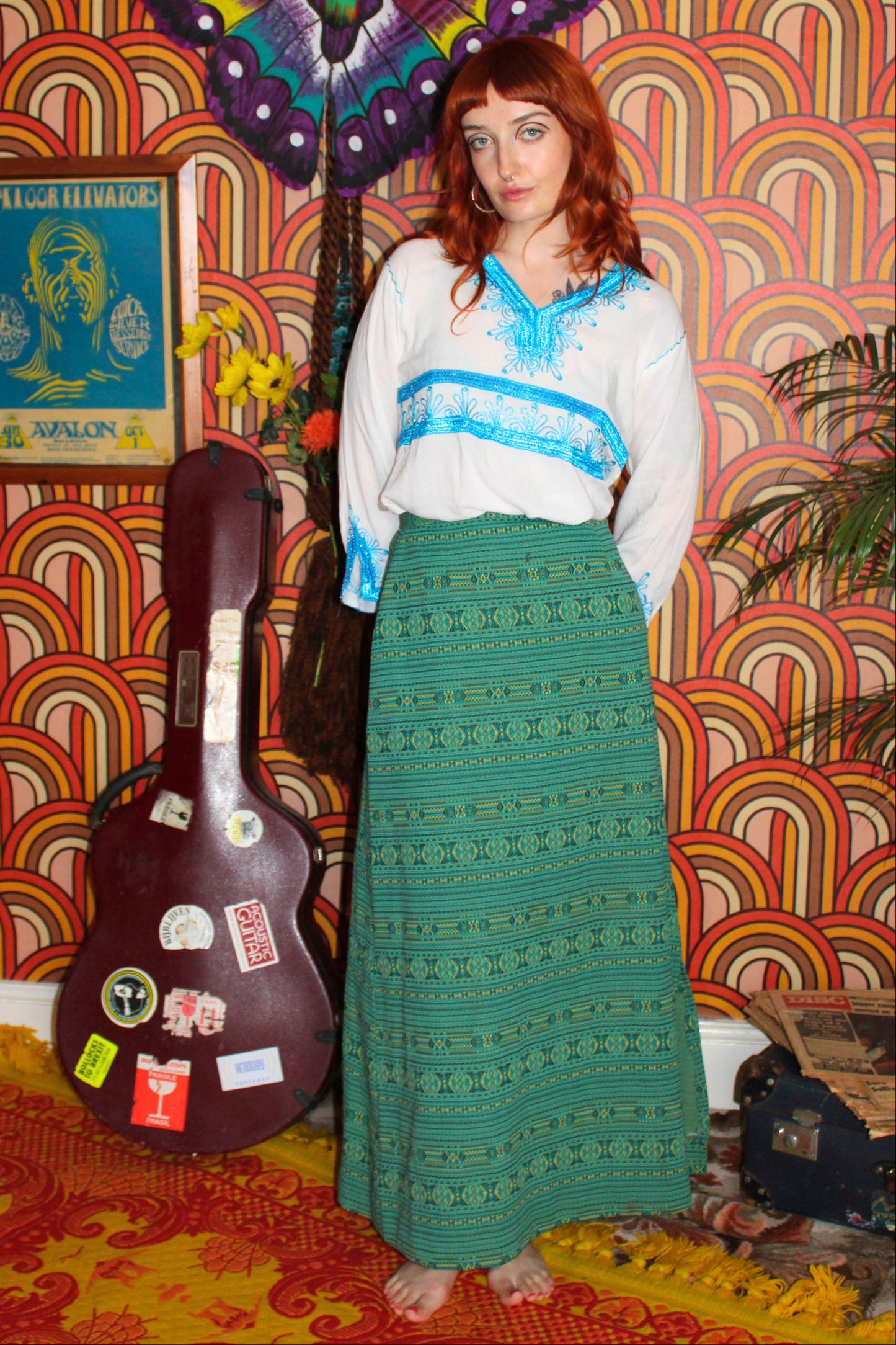 Vintage 70s Turquoise Brocade Maxi Skirt