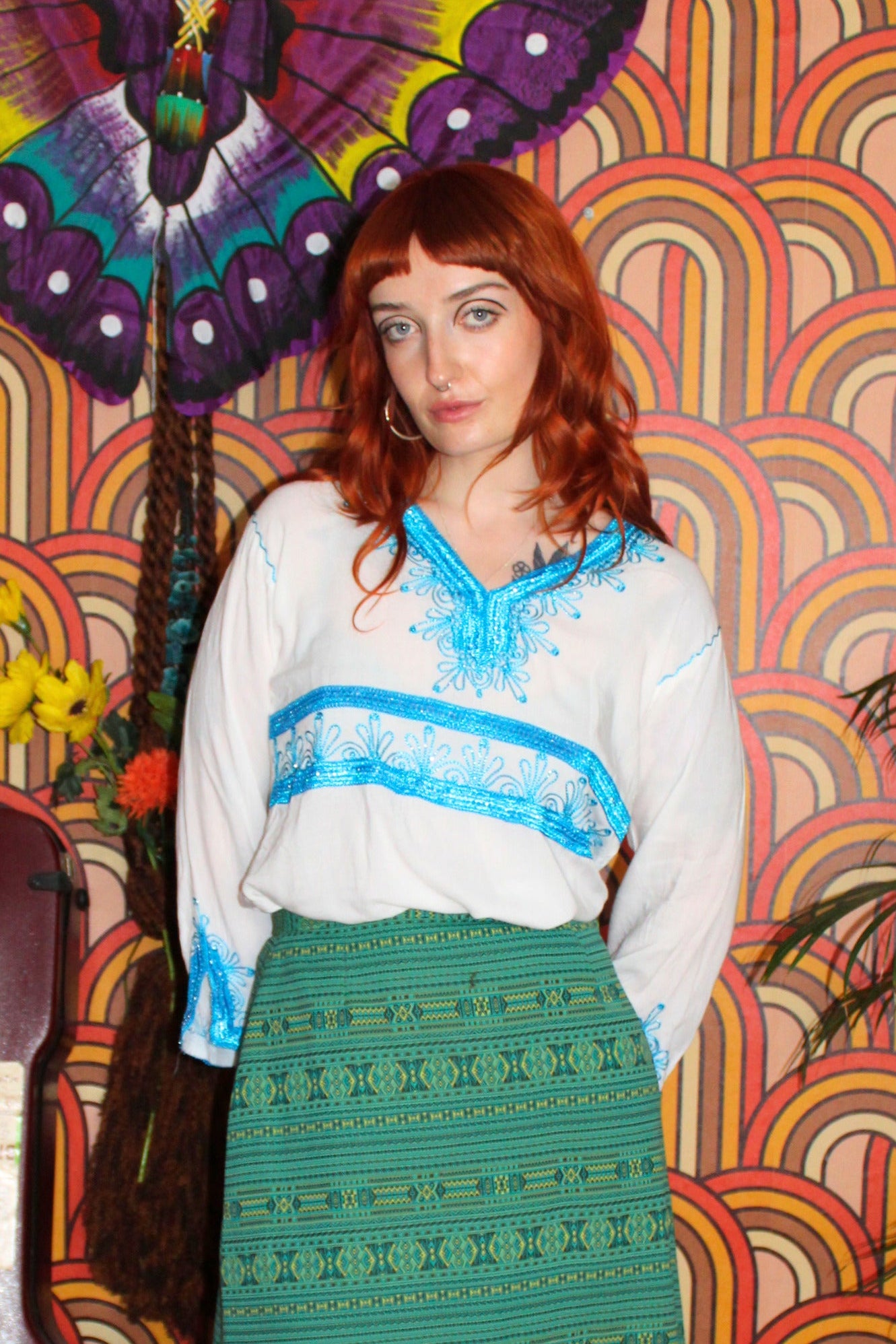 Vintage White and Blue Embroidered Blouse