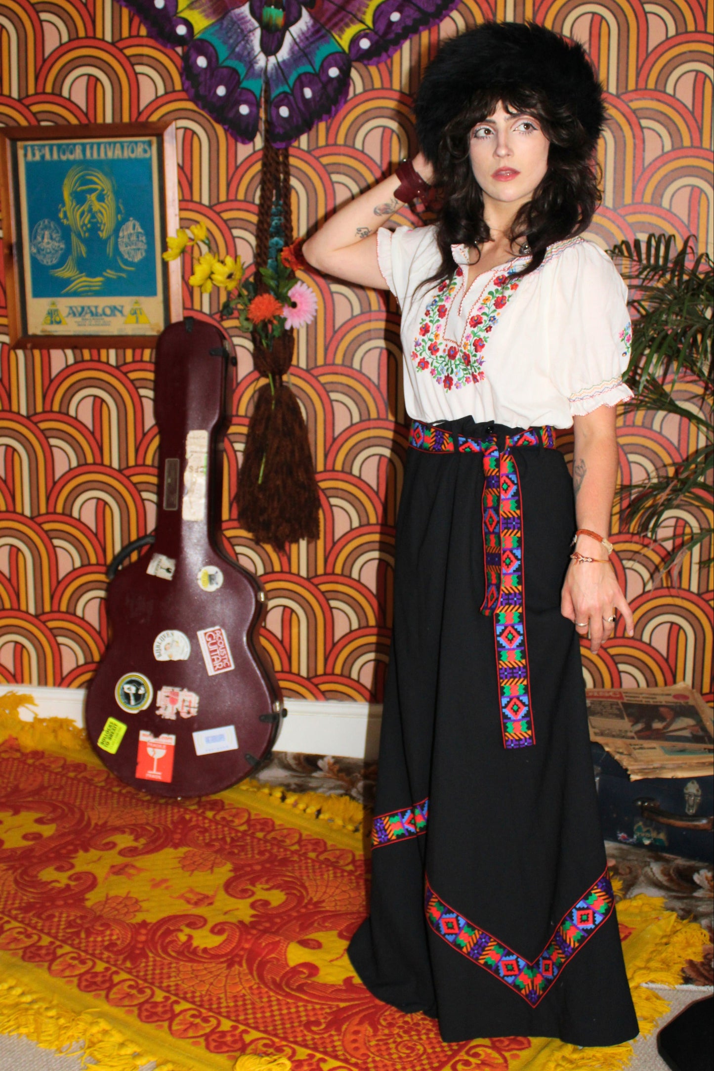 Vintage 70s Black Embroidered Maxi Skirt