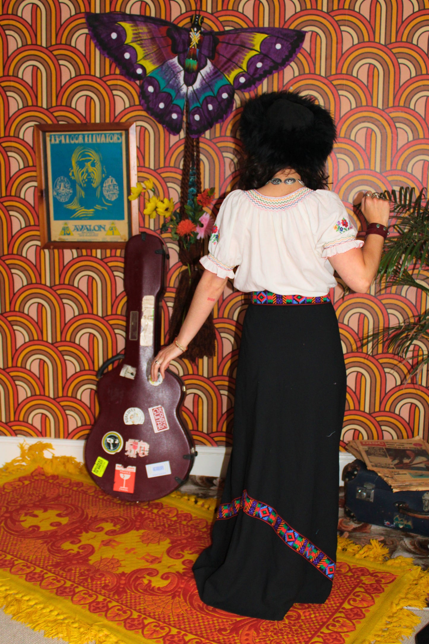 Vintage 70s Black Embroidered Maxi Skirt