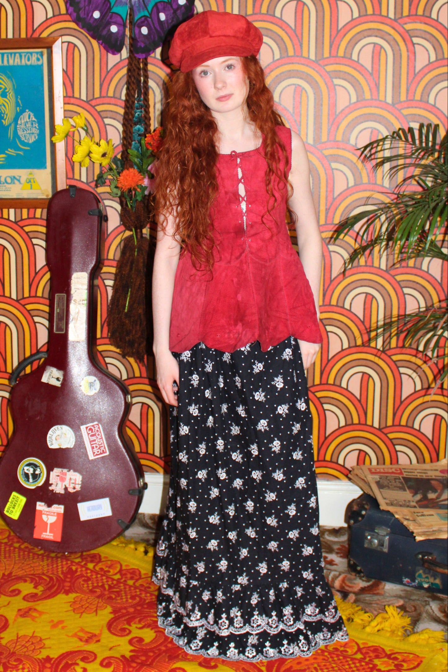 Vintage 70s Black and White Floral Maxi Skirt