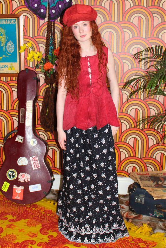 Vintage 70s Black and White Floral Maxi Skirt