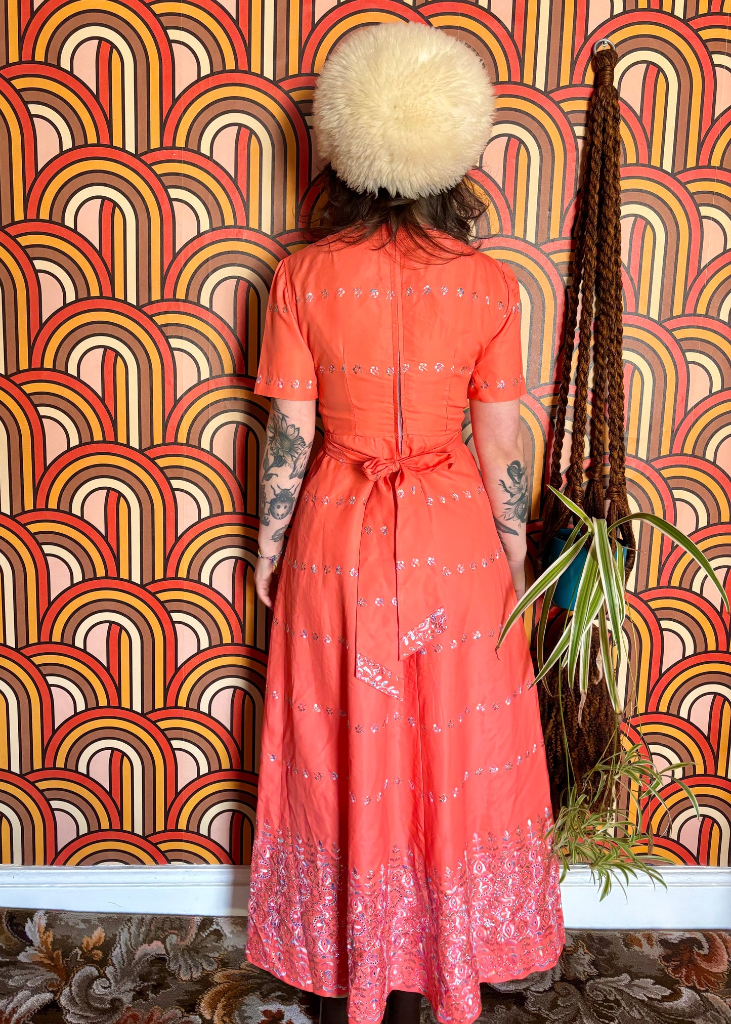 Vintage 70s Coral Embroidered Maxi Dress