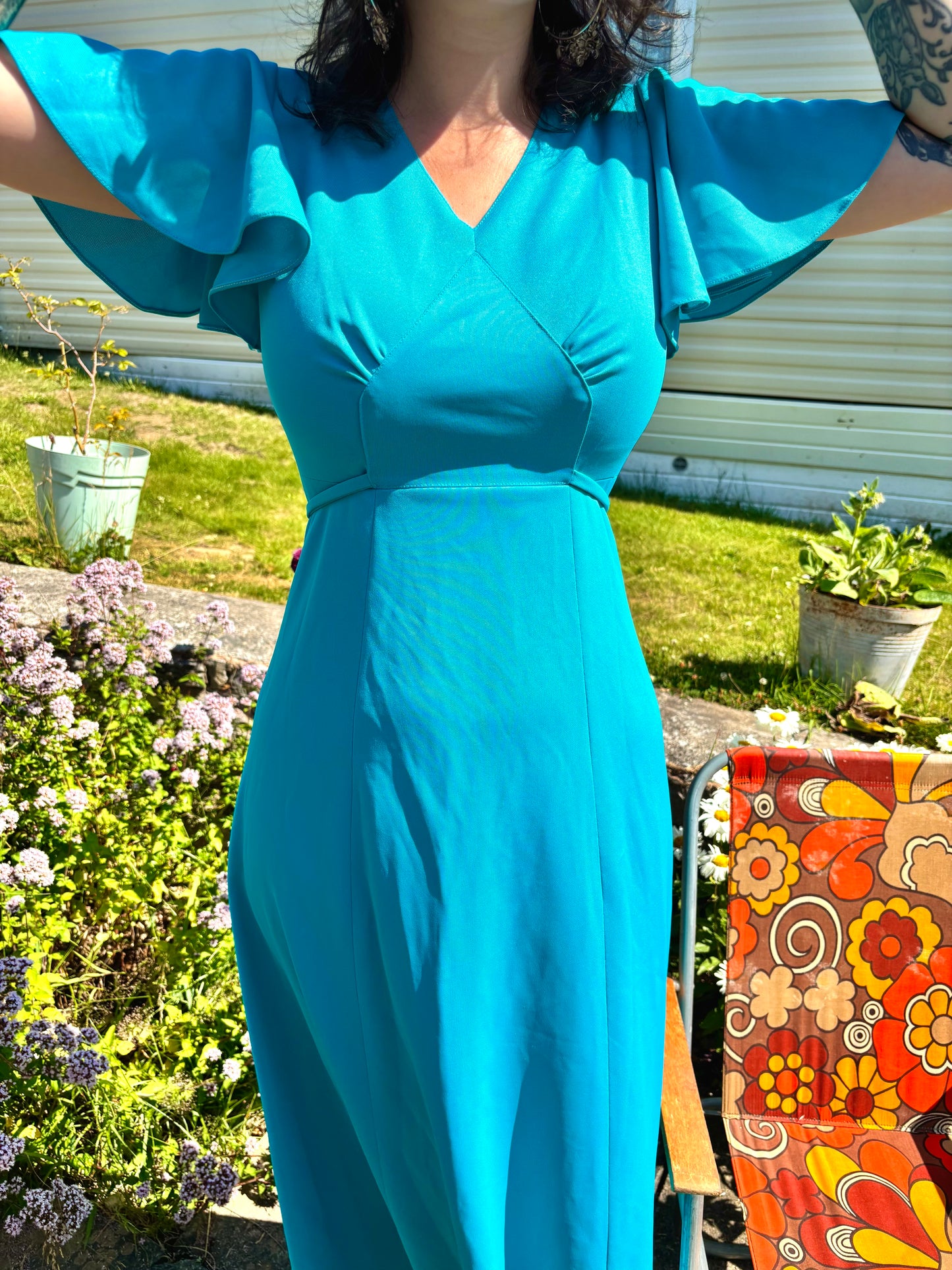 Vintage 70s Blue Angel Sleeve Maxi Dress
