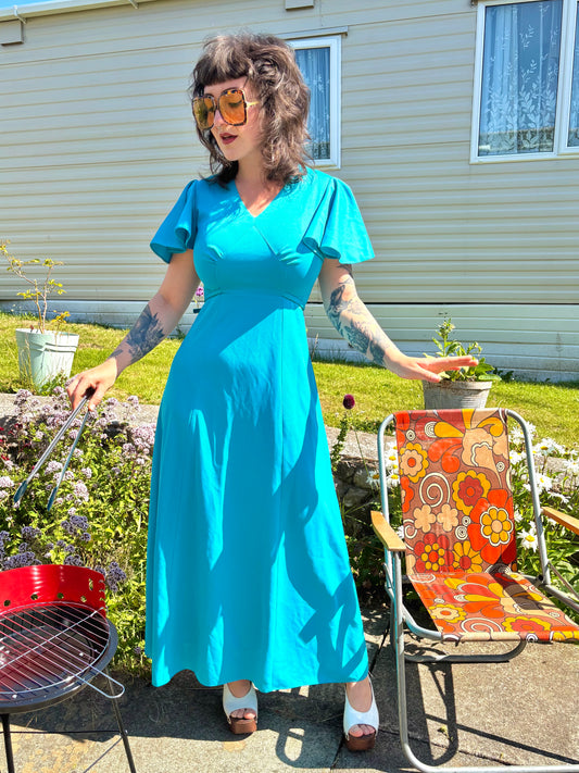 Vintage 70s Blue Angel Sleeve Maxi Dress