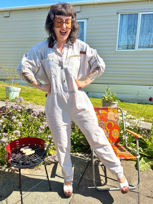 Vintage 70s 80s Grey Patched Jumpsuit