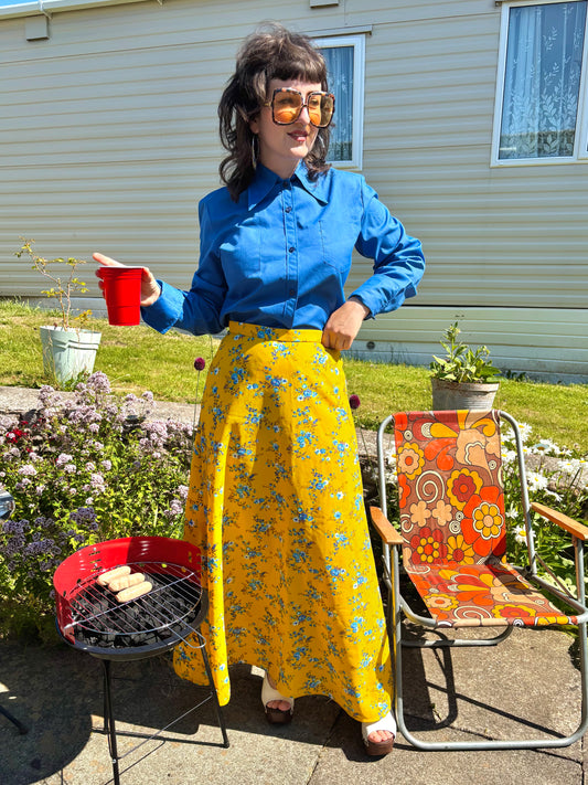 Vintage 70s Yellow Floral Maxi Skirt