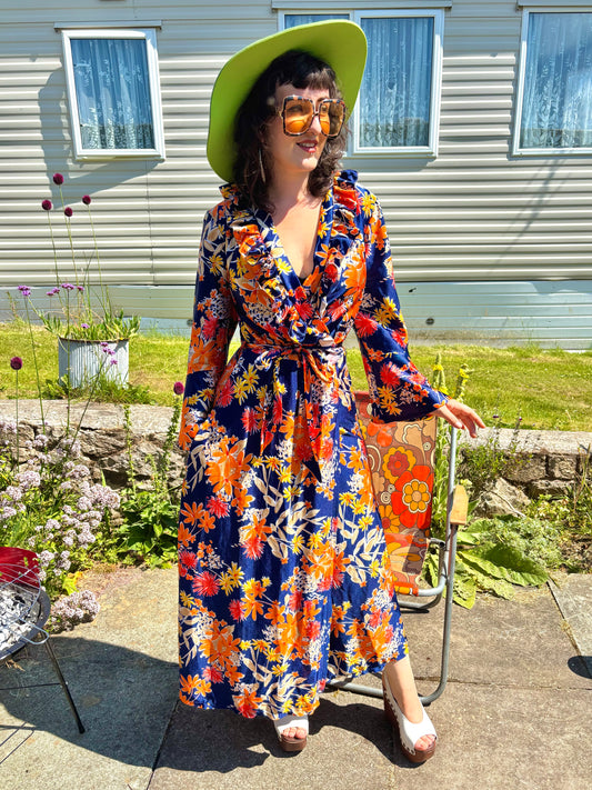 Vintage 70s Blue and Orange Floral Maxi Dress House Coat