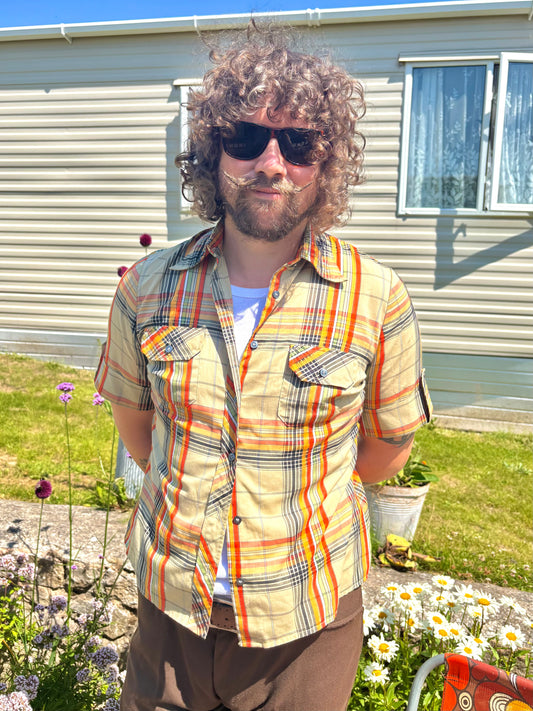 Vintage 70s Beige Check Short Sleeve Shirt