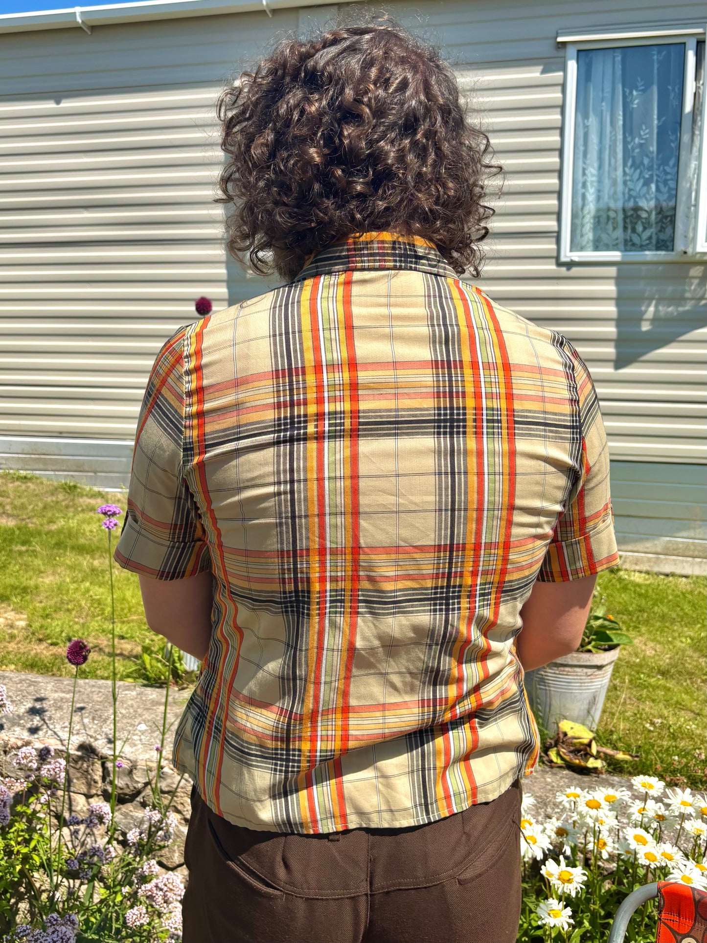 Vintage 70s Beige Check Short Sleeve Shirt