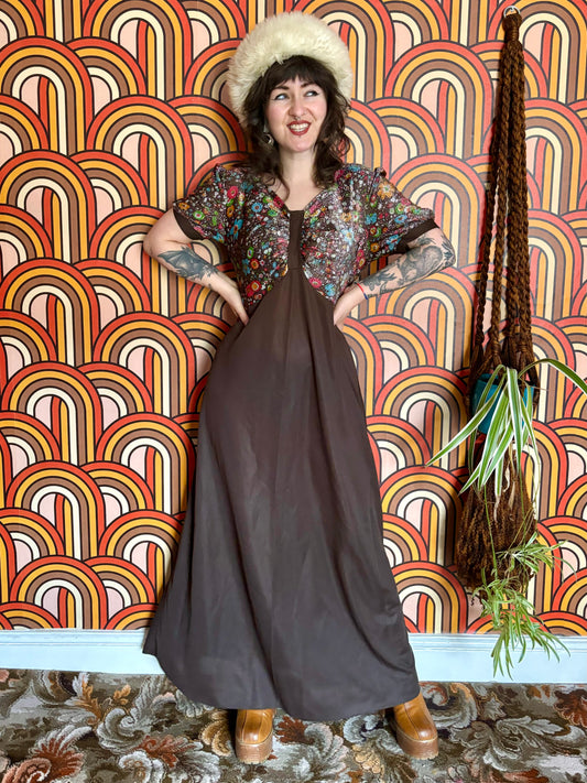 Vintage 60s 70s Brown Lurex Floral Maxi Dress
