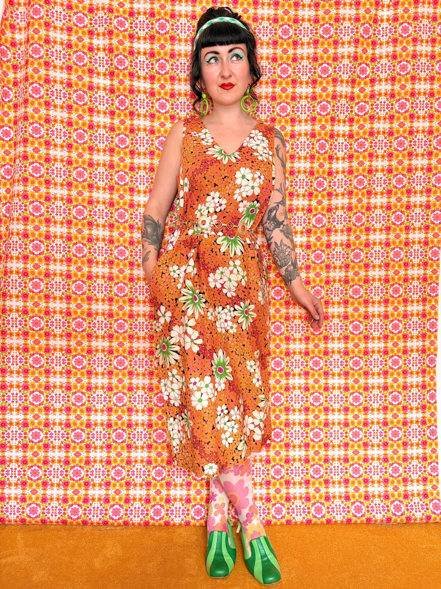Vintage 60s Colourful Floral Barkcloth Midi Dress