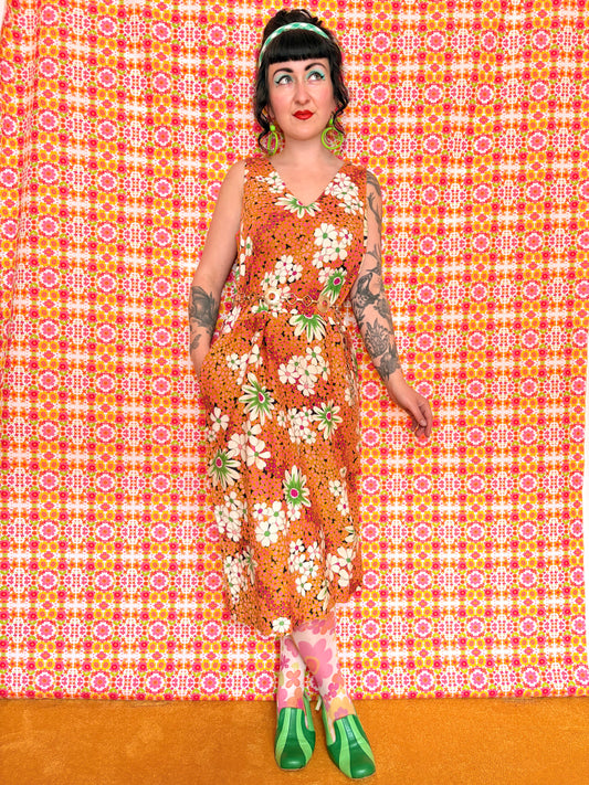 Vintage 60s Colourful Floral Barkcloth Midi Dress